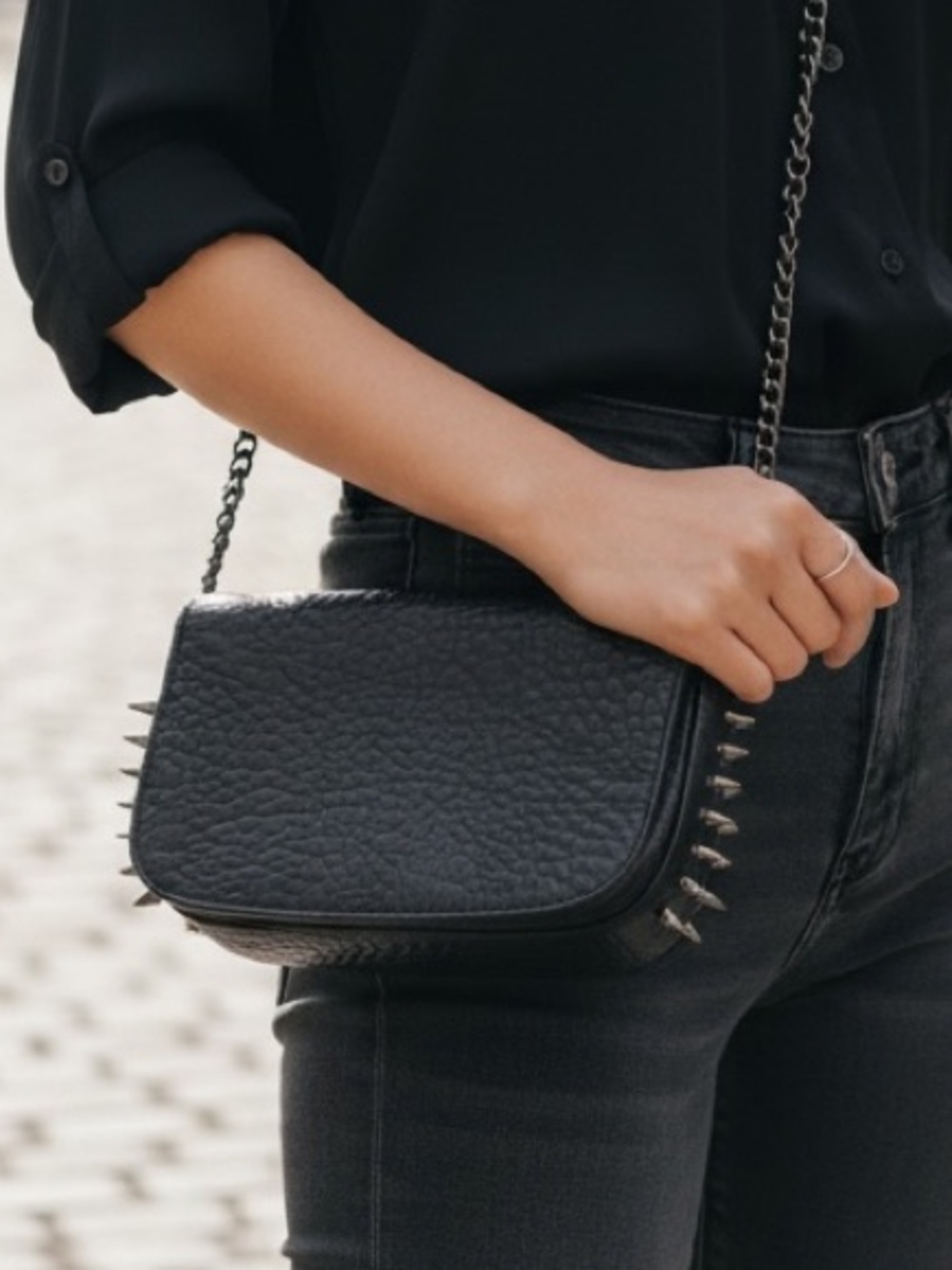 Women’s Edgy Rocker Navy Leather Chain Shoulder Bag with Gunmetal Studded Spikes